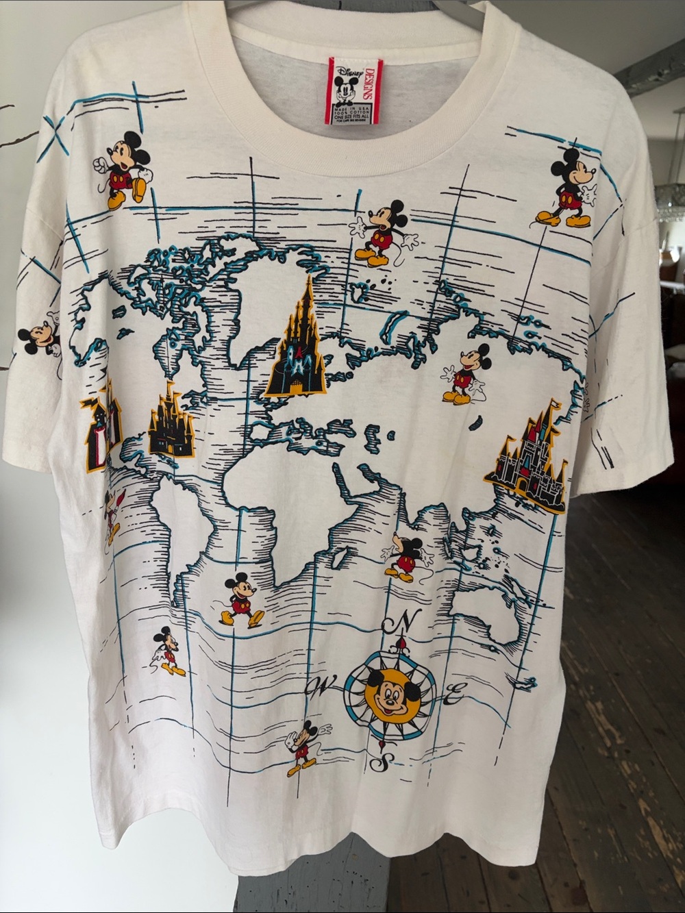 Disney White Tee with Blue Map and Yellow & Red Castle Accents RARE VINTAGE